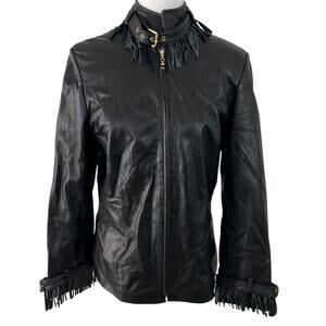 St. John Sport By Marie Gray‎ SZ 6 Black Leather Jacket Removable Fringe Collar